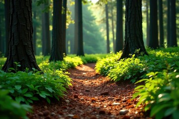 Wall Mural - a carpet of pine needles underfoot crunches with each step through the forest floor, woodland path, 