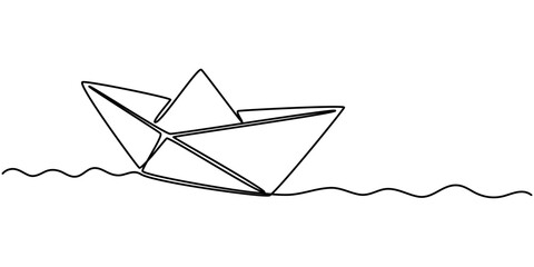 Paper boat in the sea one line art drawing, One continuous line drawing of paper boat. Origami ship concept success leadership of business in simple linear style. Editable stroke design.