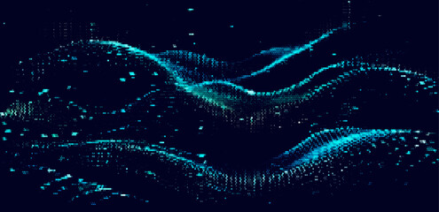 Leinwandbilder - A flowing vector illustration of abstract blue waves formed by dynamic particles on a dark background. Perfect for tech-themed designs.
