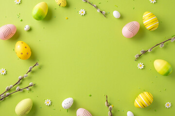 Wall Mural - easter eggs with cheerful patterns, floral elements, and twigs displayed on a green surface