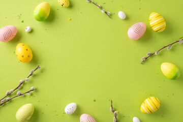 Wall Mural - cheerful image of colorful easter eggs with spring branches on a vibrant green backdrop