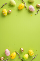 Wall Mural - beautiful vertical easter eggs arranged on a green background surrounded by festive decorations