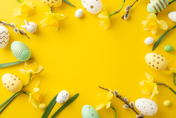 Wall Mural - Easter-themed composition featuring colorful decorative eggs and fresh daffodils on yellow surface