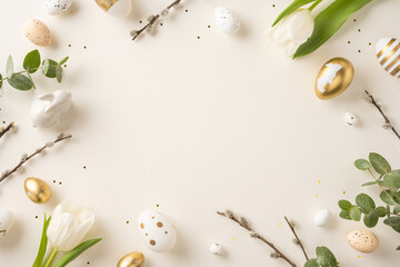 Wall Mural - decorative flat lay arrangement featuring easter eggs, white tulips, and green foliage on a light ba