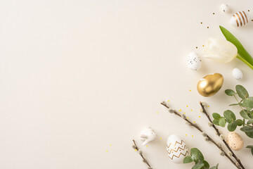 Wall Mural - easter themed image with golden eggs, white tulip, and natural decorations on light backdrop
