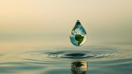 Wall Mural - Ethereal suspended water droplet containing a miniature transparent globe floating mid air over calm reflective waters with a soft gradient background symbolizing environmental sustainability