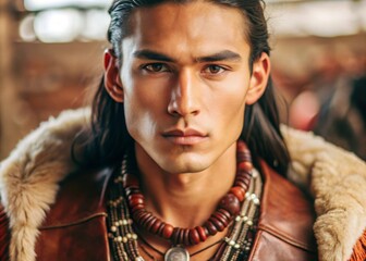 Wall Mural - Close-up portrait of young native american man in traditional attire for cultural appreciation