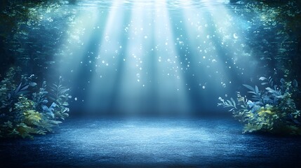 Wall Mural - dramatic underwater scene with rays of light, bubbles, and vibrant marine flora