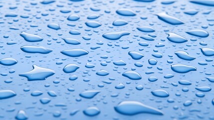 Wall Mural - close-up of water droplets on a smooth blue surface showcasing texture and reflections