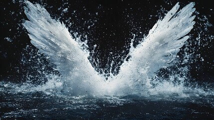 Wall Mural - graceful wings emerging from water splash against dark background creating abstract energy