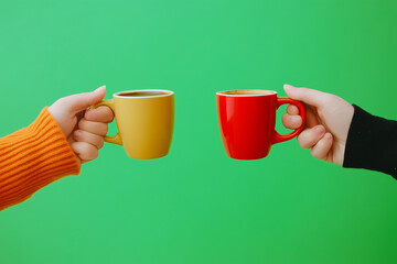 Two people holding cups, one yellow and one red