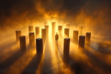  Silhouette of person surrounded by tall pillars in golden mist, rays of light, surreal and abstract atmosphere, solitude, wonder, and introspection.