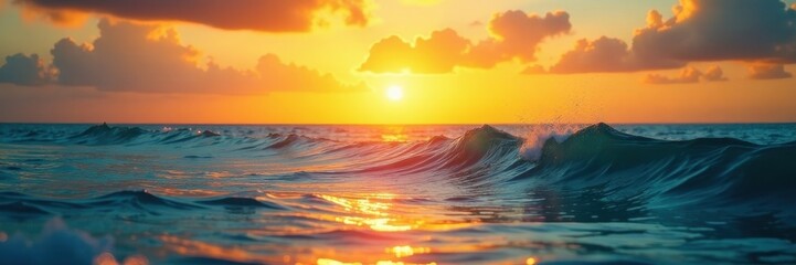 Wall Mural - golden hour sun paints ocean waves with shimmering light , detail, water, waves