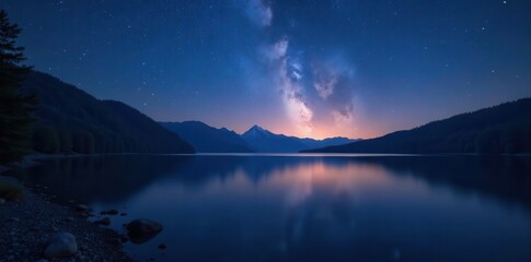 Wall Mural - Silent lake reflects countless stars, tranquil night , long exposure, night sky, cosmic