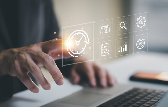 Business person with time management activity to improve productivity, process optimization and lean organization. Business and production improvement by time and resource planning for more profit.