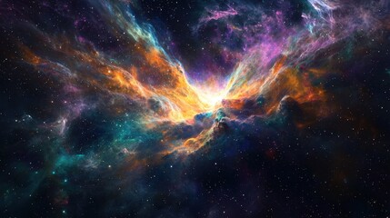 Wall Mural - A galactic aurora of neon-colored nebula gases swirls across deep space, illuminating the void