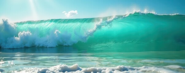 Wall Mural - rolling turquoise waves sparkle under sunlight, translucent water reveals sandy bottom , sunlight, c