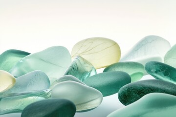 Wall Mural - Smooth, sea-glass pebbles in varying shades of green and yellow, arranged artfully.