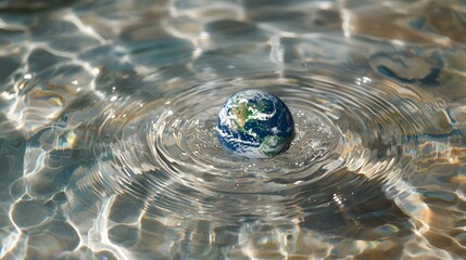 Wall Mural - An earth shaped droplet elegantly floating above the serene crystal clear surface of water