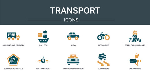 Wall Mural - set of 10 outline web transport icons such as shipping and delivery, galleon, auto, motorbike, ferry