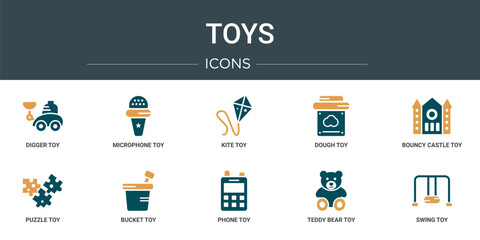 Wall Mural - set of 10 outline web toys icons such as digger toy, microphone toy, kite toy, dough bouncy castle p
