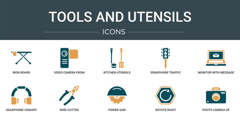 Wall Mural - set of 10 outline web tools and utensils icons such as iron board, video camera from frontal view, k