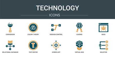 Wall Mural - set of 10 outline web technology icons such as conversion, colory theory, version control, leading, 