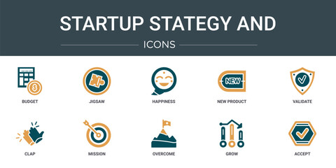 Wall Mural - set of 10 outline web startup stategy and icons such as budget, jigsaw, happiness, new product, vali