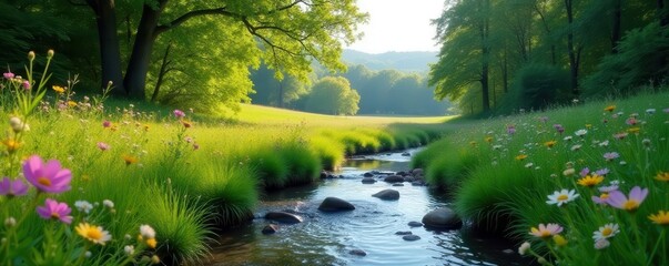 Wall Mural - serene meadow, bubbling brook, wildflowers, lush trees , scenic, water, botany