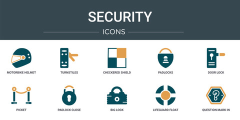 Wall Mural - set of 10 outline web security icons such as motorbike helmet, turnstiles, checkered shield, padlock