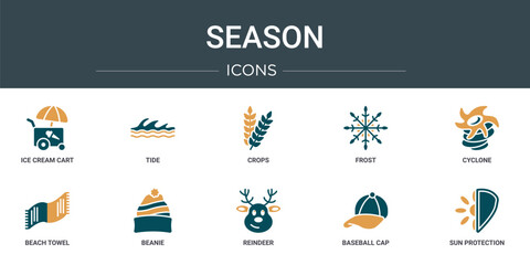 Wall Mural - set of 10 outline web season icons such as ice cream cart, tide, crops, frost, cyclone, beach towel,