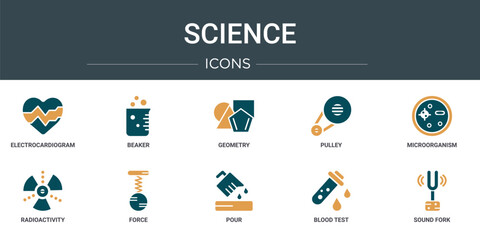 Wall Mural - set of 10 outline web science icons such as electrocardiogram, beaker, geometry, pulley, microorgani