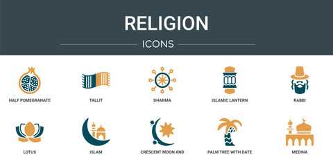 Wall Mural - set of 10 outline web religion icons such as half pomegranate, tallit, dharma, islamic lantern, rabb