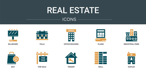 Wall Mural - set of 10 outline web real estate icons such as billboard, villa, office building, plans, industrial park, buy, for sale vector icons for report, presentation, diagram, web design, mobile app