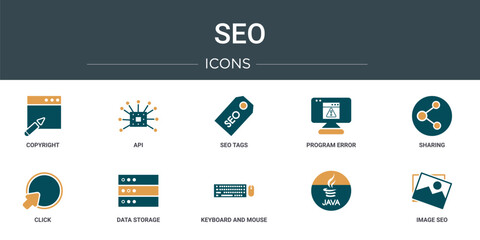 Wall Mural - set of 10 outline web seo icons such as copyright, api, seo tags, program error, sharing, click, dat