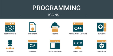 Wall Mural - set of 10 outline web programming icons such as seo monitoring, bug report, hosting, programming lan