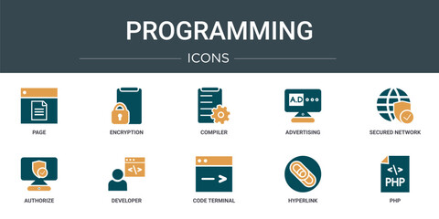 set of 10 outline web programming icons such as page, encryption, compiler, advertising, secured network, authorize, developer vector icons for report, presentation, diagram, web design, mobile app
