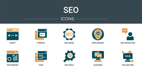 Wall Mural - set of 10 outline web seo icons such as script, console, seo badge, development, seo consulting, ran
