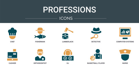 Wall Mural - set of 10 outline web professions icons such as chef, fisherman, lumberjack, detective, computer sys