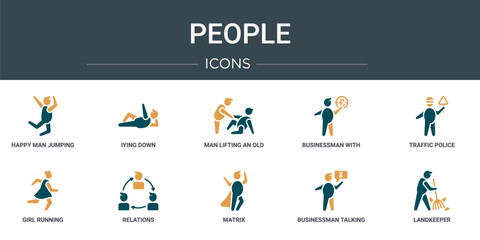 Wall Mural - set of 10 outline web people icons such as happy man jumping, iying down, man lifting an old man, bu