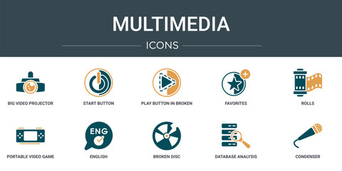 Wall Mural - set of 10 outline web multimedia icons such as big video projector, start button, play button in bro