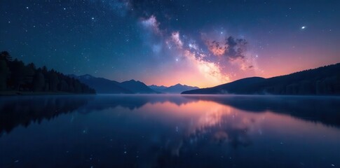 Wall Mural - Dark, star-studded sky mirrors in a glassy lake , stillness, night sky