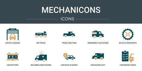 Wall Mural - set of 10 outline web mechanicons icons such as car in a garage, big truck, truck side view, emergen