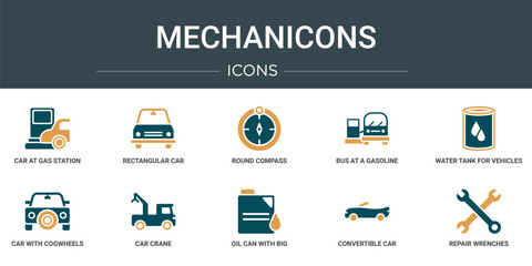 Wall Mural - set of 10 outline web mechanicons icons such as car at gas station, rectangular car, round compass, 