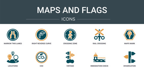 Wall Mural - set of 10 outline web maps and flags icons such as narrow two lanes, right reverse curve, crossing z