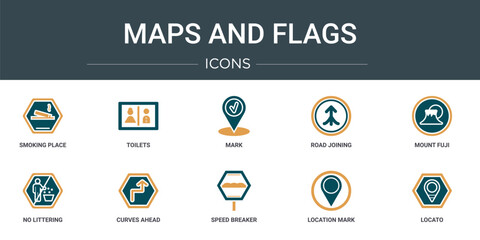 Wall Mural - set of 10 outline web maps and flags icons such as smoking place, toilets, mark, road joining, mount
