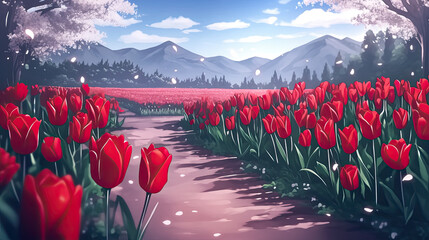 Wall Mural - Vibrant field of bright red tulips in full bloom under a clear sky creating an eye-catching display of colorful floral beauty in nature