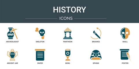 Wall Mural - set of 10 outline web history icons such as archeologist, skeleton, pantheon, brushes, skull, ancient jar, paper vector icons for report, presentation, diagram, web design, mobile app