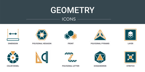 Wall Mural - set of 10 outline web geometry icons such as dimension, polygonal hexagon, front, polygonal pyramid 