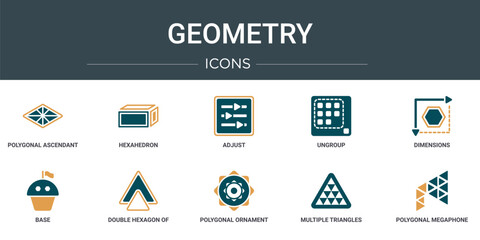 Wall Mural - set of 10 outline web geometry icons such as polygonal ascendant, hexahedron, adjust, ungroup, dimen